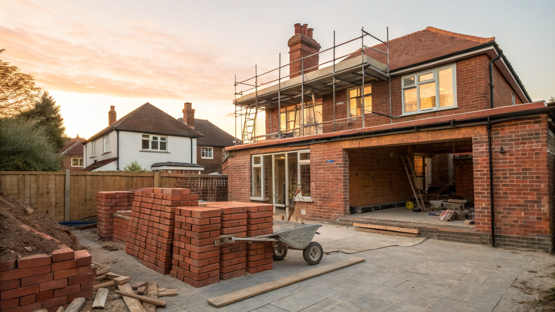 A part-built UK brick house extension at golden hour